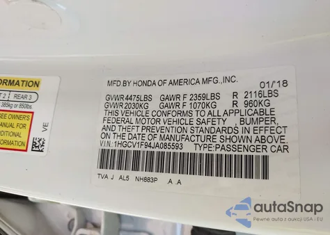 2018 Honda Accord Touring из США, поврежденный, VIN 1HGCV1F94JA085593